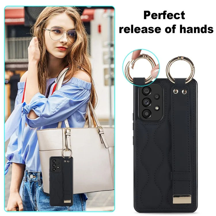 For Samsung Galaxy A53 5G Cell Phone Case Ring Hanging Buckle PU Leather+TPU Cover with Wristband