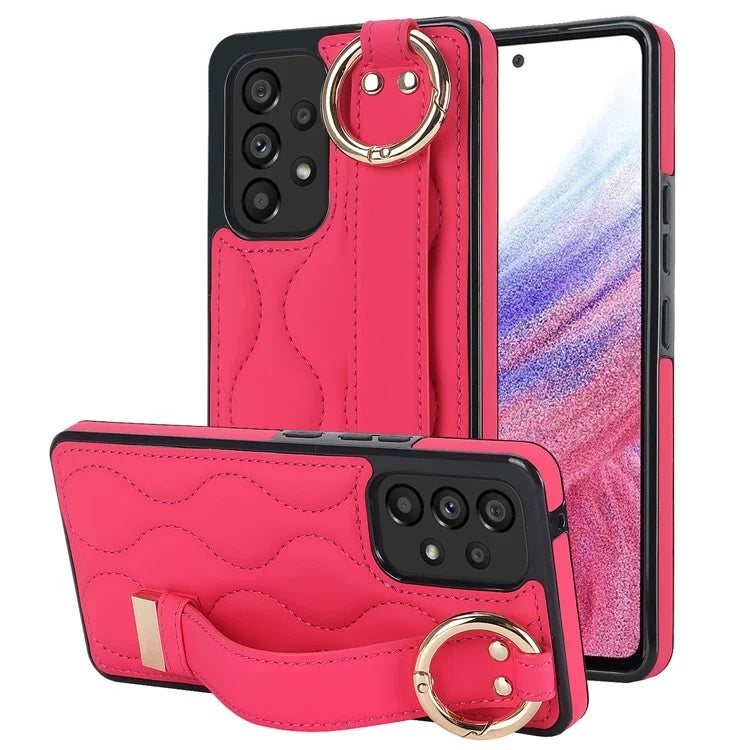 For Samsung Galaxy A53 5G Cell Phone Case Ring Hanging Buckle PU Leather+TPU Cover with Wristband
