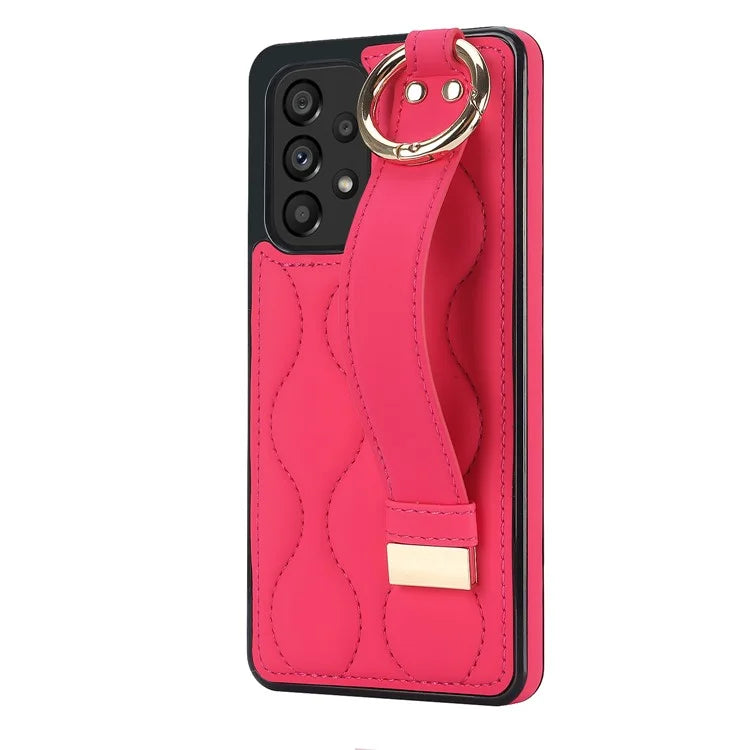 For Samsung Galaxy A53 5G Cell Phone Case Ring Hanging Buckle PU Leather+TPU Cover with Wristband