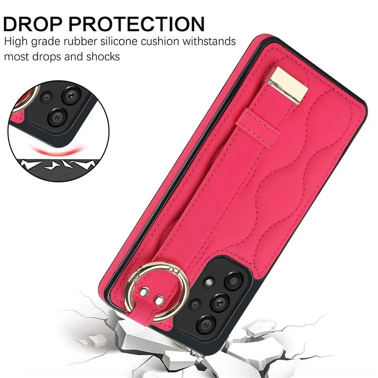 For Samsung Galaxy A53 5G Cell Phone Case Ring Hanging Buckle PU Leather+TPU Cover with Wristband