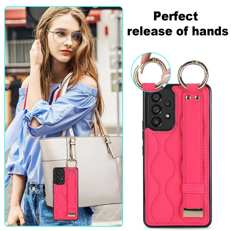 For Samsung Galaxy A53 5G Cell Phone Case Ring Hanging Buckle PU Leather+TPU Cover with Wristband