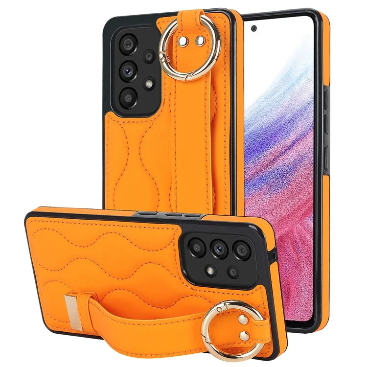 For Samsung Galaxy A53 5G Cell Phone Case Ring Hanging Buckle PU Leather+TPU Cover with Wristband