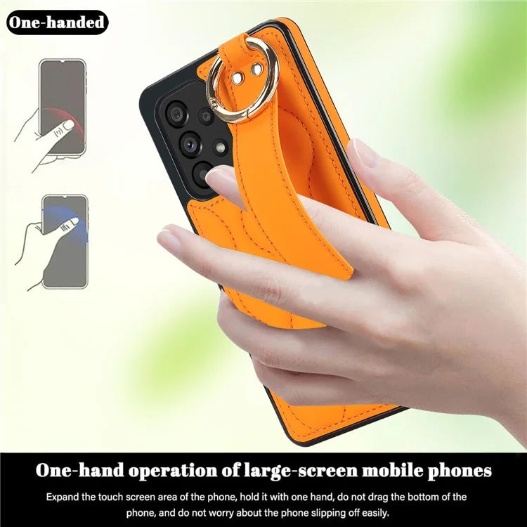 For Samsung Galaxy A53 5G Cell Phone Case Ring Hanging Buckle PU Leather+TPU Cover with Wristband