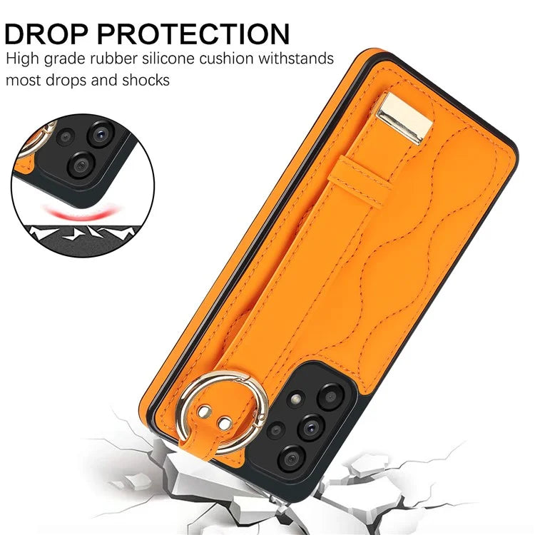 For Samsung Galaxy A53 5G Cell Phone Case Ring Hanging Buckle PU Leather+TPU Cover with Wristband