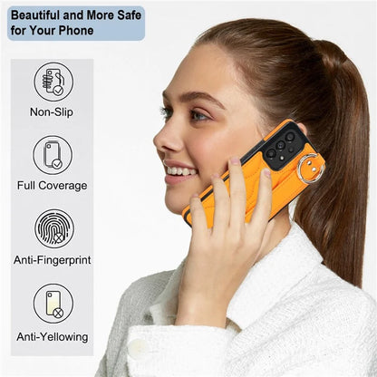 For Samsung Galaxy A53 5G Cell Phone Case Ring Hanging Buckle PU Leather+TPU Cover with Wristband