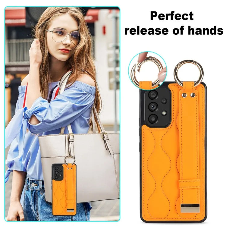 For Samsung Galaxy A53 5G Cell Phone Case Ring Hanging Buckle PU Leather+TPU Cover with Wristband