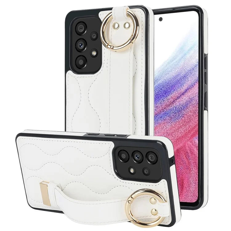 For Samsung Galaxy A53 5G Cell Phone Case Ring Hanging Buckle PU Leather+TPU Cover with Wristband