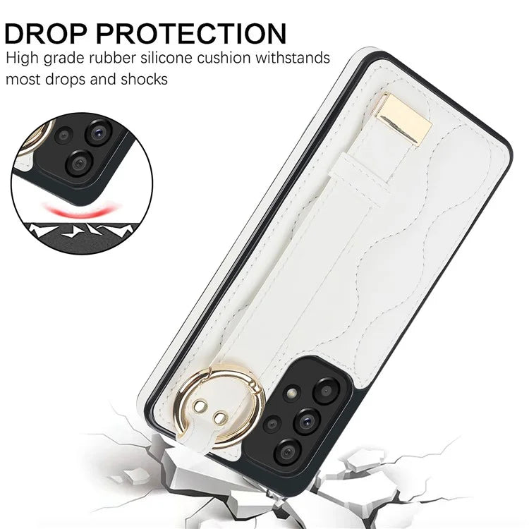 For Samsung Galaxy A53 5G Cell Phone Case Ring Hanging Buckle PU Leather+TPU Cover with Wristband