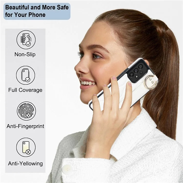 For Samsung Galaxy A53 5G Cell Phone Case Ring Hanging Buckle PU Leather+TPU Cover with Wristband