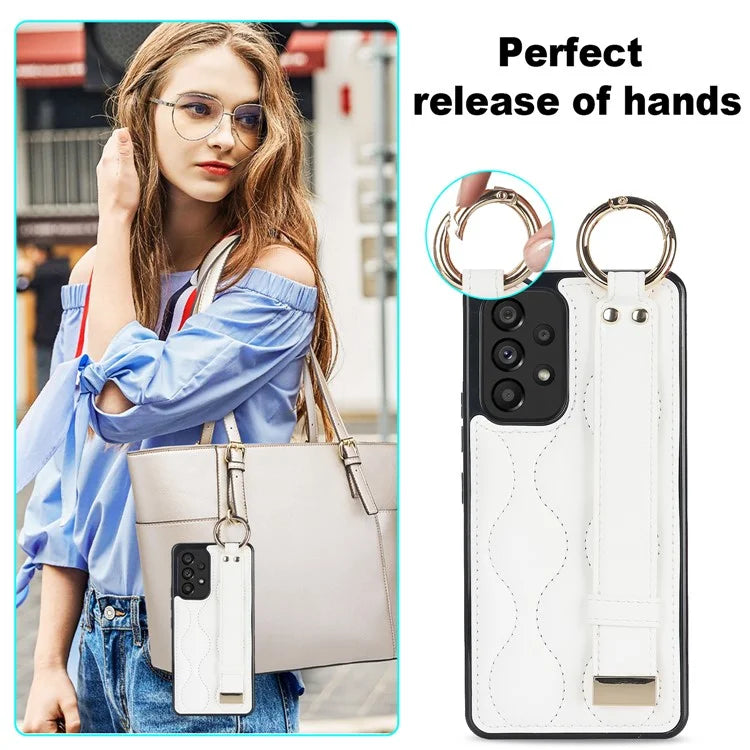 For Samsung Galaxy A53 5G Cell Phone Case Ring Hanging Buckle PU Leather+TPU Cover with Wristband