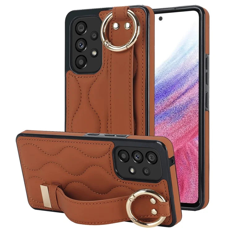 For Samsung Galaxy A53 5G Cell Phone Case Ring Hanging Buckle PU Leather+TPU Cover with Wristband