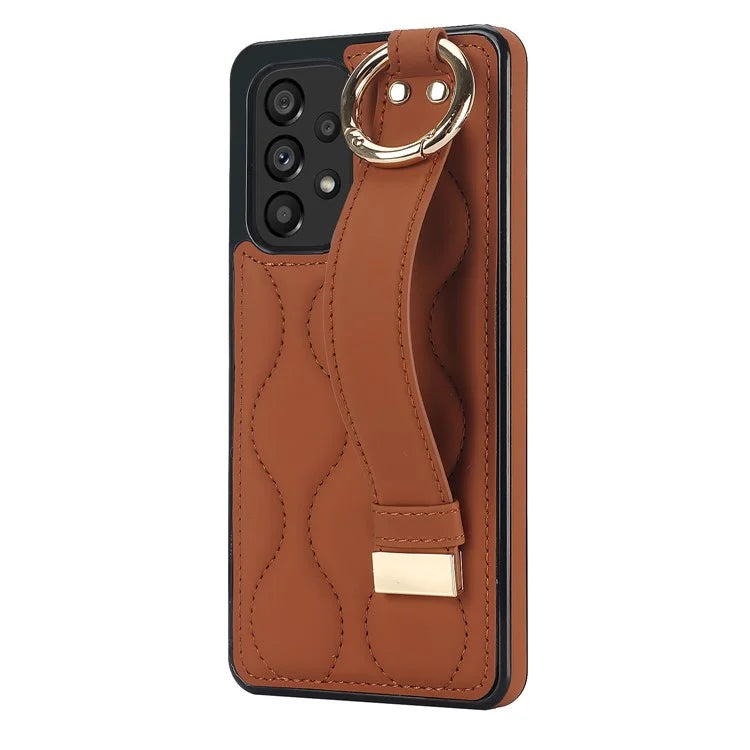For Samsung Galaxy A53 5G Cell Phone Case Ring Hanging Buckle PU Leather+TPU Cover with Wristband