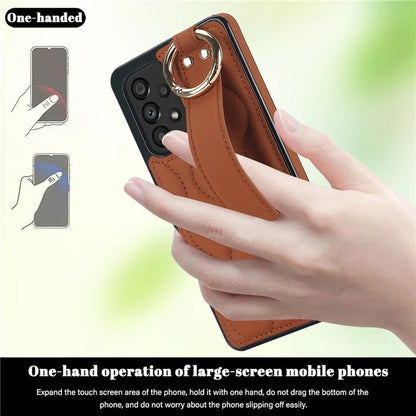 For Samsung Galaxy A53 5G Cell Phone Case Ring Hanging Buckle PU Leather+TPU Cover with Wristband