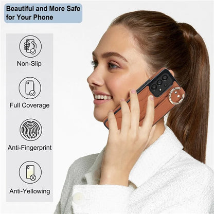 For Samsung Galaxy A53 5G Cell Phone Case Ring Hanging Buckle PU Leather+TPU Cover with Wristband
