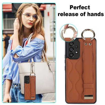 For Samsung Galaxy A53 5G Cell Phone Case Ring Hanging Buckle PU Leather+TPU Cover with Wristband