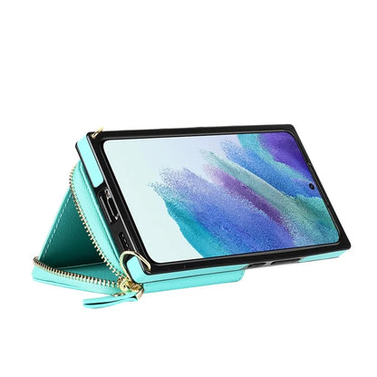 For Samsung Galaxy S22+ 5G Kickstand Case TPU+PU Wallet Phone Cover with Long Strap