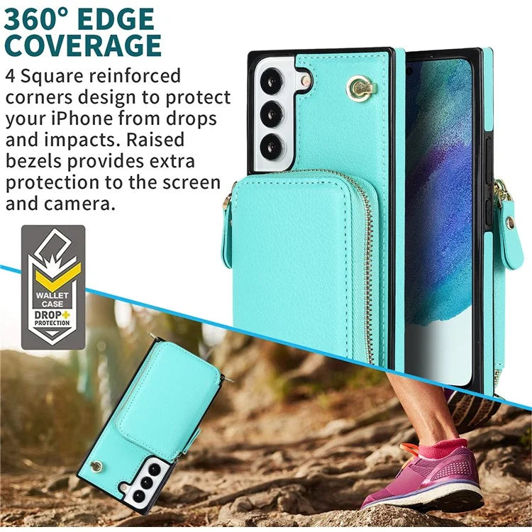 For Samsung Galaxy S22+ 5G Kickstand Case TPU+PU Wallet Phone Cover with Long Strap