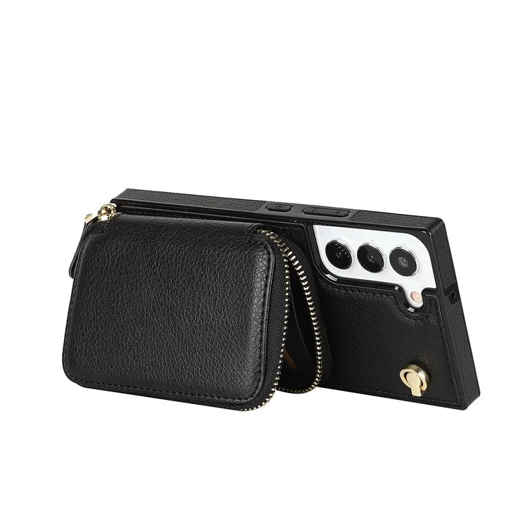 For Samsung Galaxy S22+ 5G Kickstand Case TPU+PU Wallet Phone Cover with Long Strap