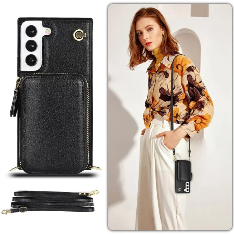 For Samsung Galaxy S22+ 5G Kickstand Case TPU+PU Wallet Phone Cover with Long Strap