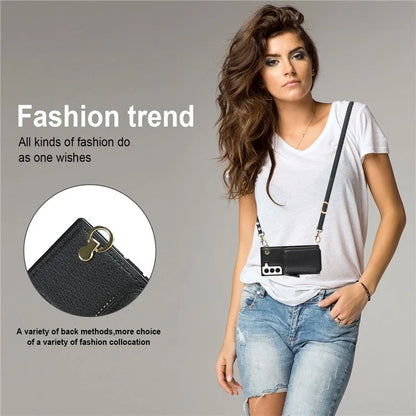 For Samsung Galaxy S22+ 5G Kickstand Case TPU+PU Wallet Phone Cover with Long Strap