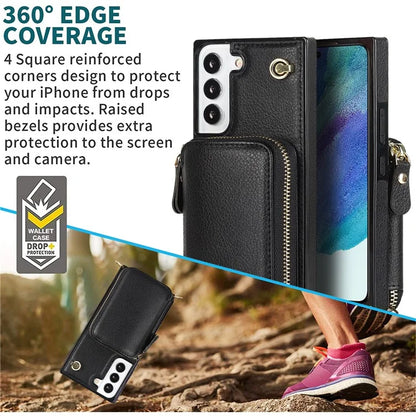 For Samsung Galaxy S22+ 5G Kickstand Case TPU+PU Wallet Phone Cover with Long Strap