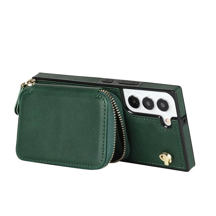 For Samsung Galaxy S22+ 5G Kickstand Case TPU+PU Wallet Phone Cover with Long Strap