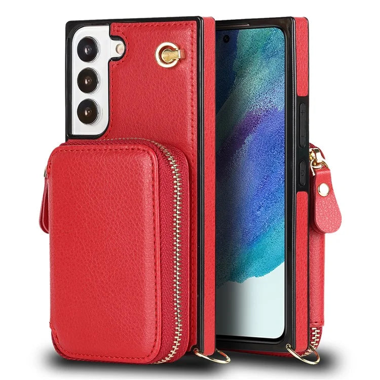 For Samsung Galaxy S22+ 5G Kickstand Case TPU+PU Wallet Phone Cover with Long Strap