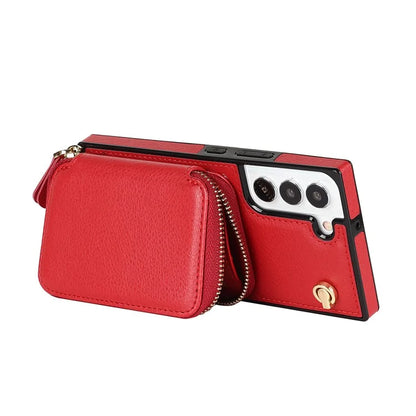 For Samsung Galaxy S22+ 5G Kickstand Case TPU+PU Wallet Phone Cover with Long Strap
