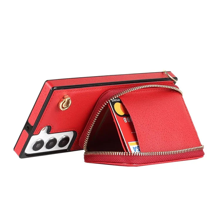 For Samsung Galaxy S22+ 5G Kickstand Case TPU+PU Wallet Phone Cover with Long Strap