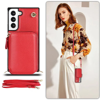 For Samsung Galaxy S22+ 5G Kickstand Case TPU+PU Wallet Phone Cover with Long Strap