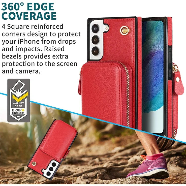 For Samsung Galaxy S22+ 5G Kickstand Case TPU+PU Wallet Phone Cover with Long Strap