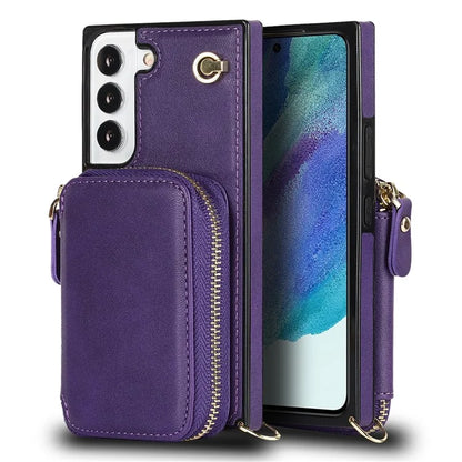 For Samsung Galaxy S22+ 5G Kickstand Case TPU+PU Wallet Phone Cover with Long Strap