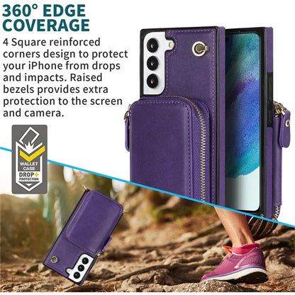 For Samsung Galaxy S22+ 5G Kickstand Case TPU+PU Wallet Phone Cover with Long Strap