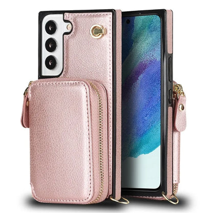 For Samsung Galaxy S22+ 5G Kickstand Case TPU+PU Wallet Phone Cover with Long Strap