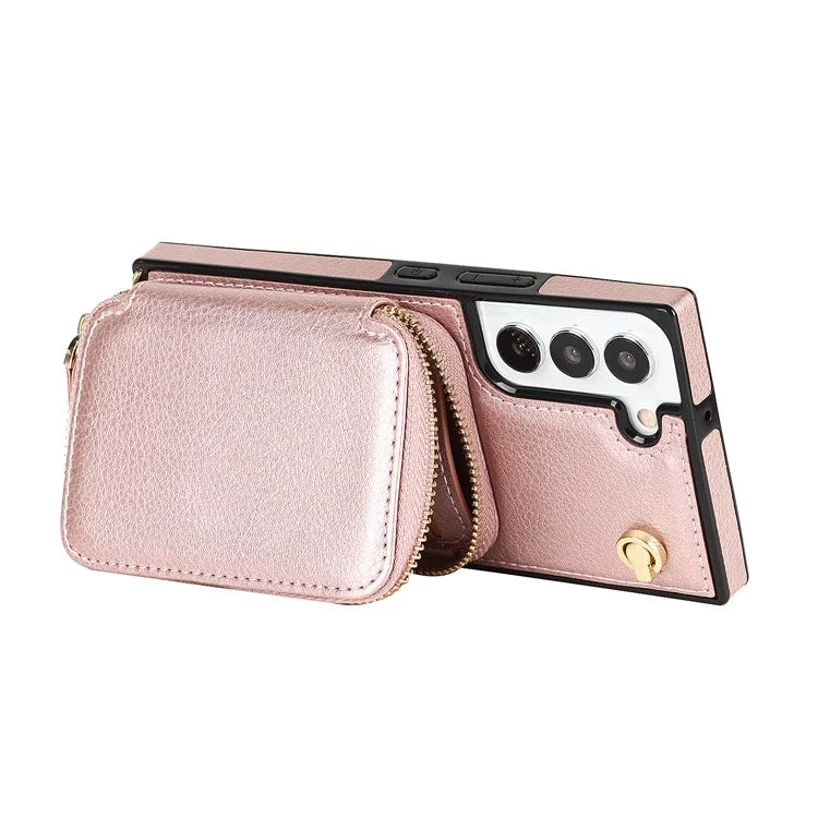 For Samsung Galaxy S22+ 5G Kickstand Case TPU+PU Wallet Phone Cover with Long Strap