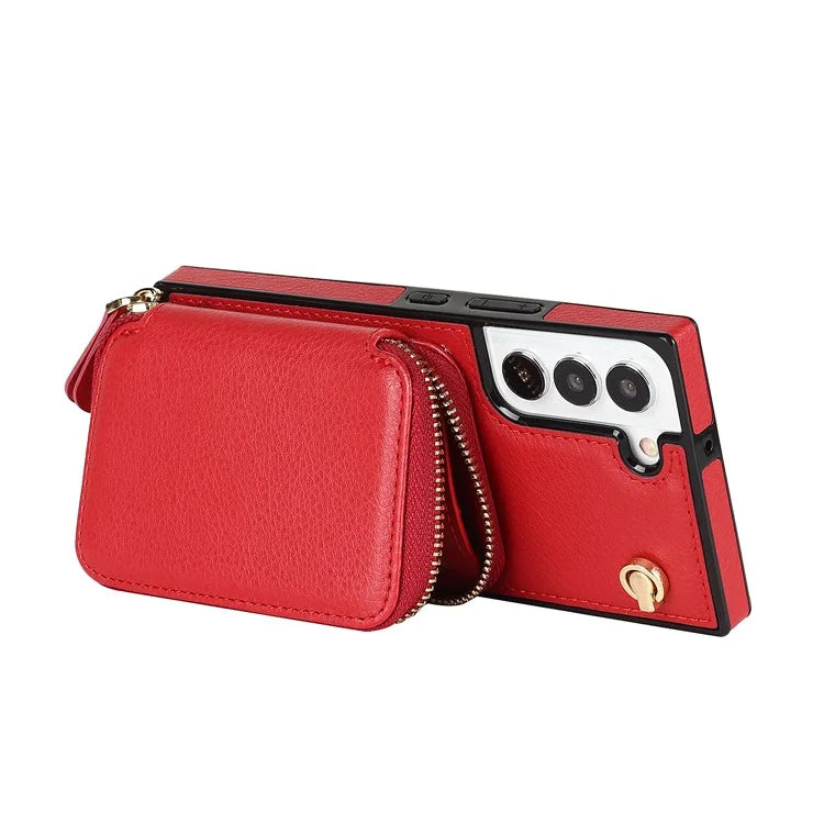 For Samsung Galaxy S23 Cell Phone Case TPU+PU Wallet Kickstand Cover with Long Strap