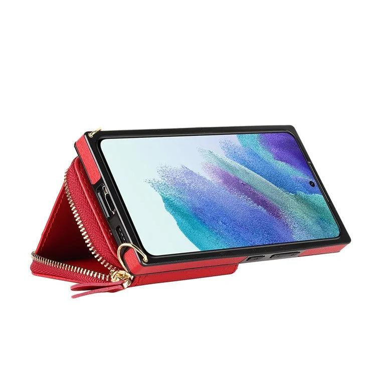 For Samsung Galaxy S23 Cell Phone Case TPU+PU Wallet Kickstand Cover with Long Strap
