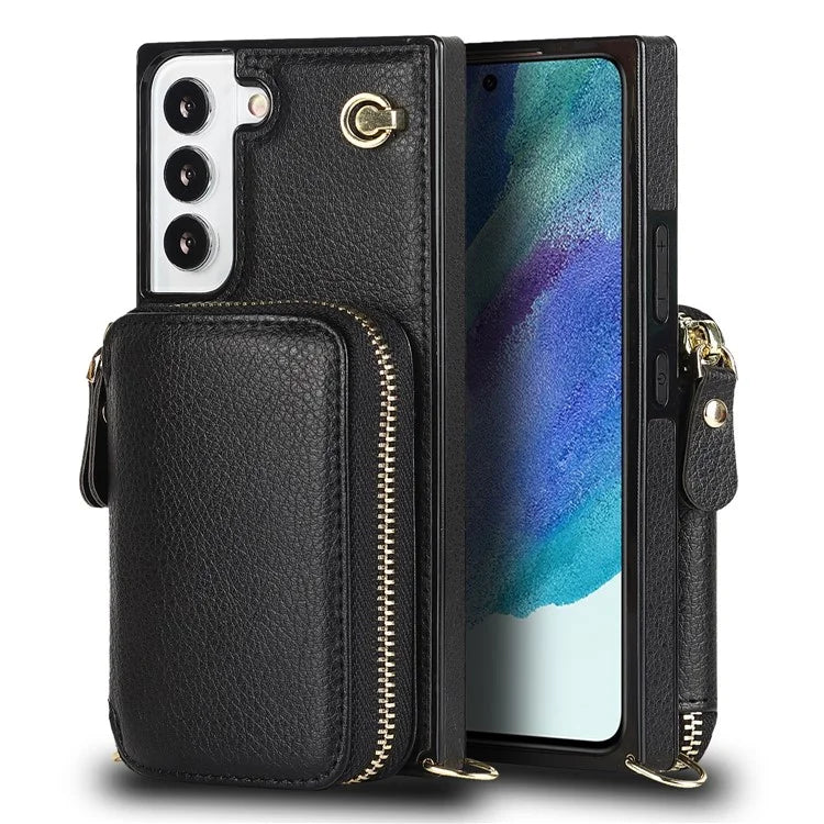 For Samsung Galaxy S23 Cell Phone Case TPU+PU Wallet Kickstand Cover with Long Strap