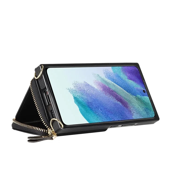 For Samsung Galaxy S23 Cell Phone Case TPU+PU Wallet Kickstand Cover with Long Strap