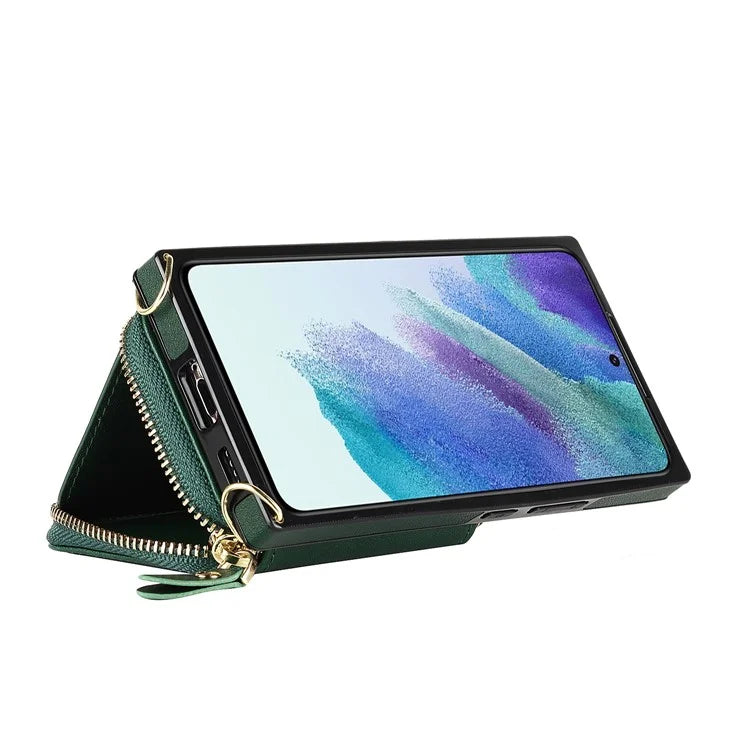 For Samsung Galaxy S23 Cell Phone Case TPU+PU Wallet Kickstand Cover with Long Strap
