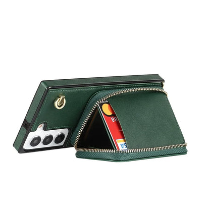 For Samsung Galaxy S23 Cell Phone Case TPU+PU Wallet Kickstand Cover with Long Strap
