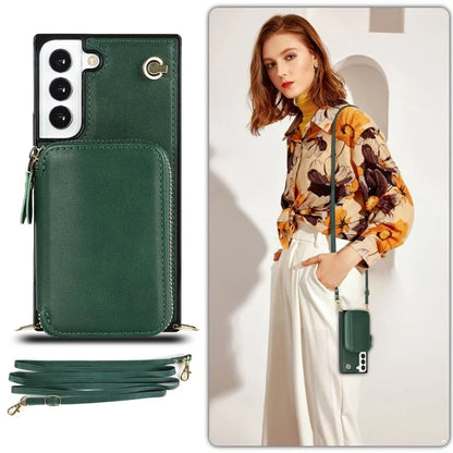 For Samsung Galaxy S23 Cell Phone Case TPU+PU Wallet Kickstand Cover with Long Strap