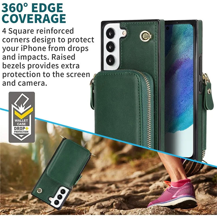 For Samsung Galaxy S23 Cell Phone Case TPU+PU Wallet Kickstand Cover with Long Strap