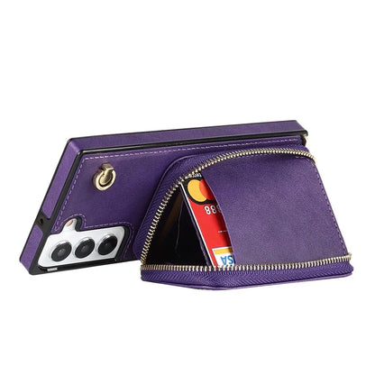 For Samsung Galaxy S23 Cell Phone Case TPU+PU Wallet Kickstand Cover with Long Strap
