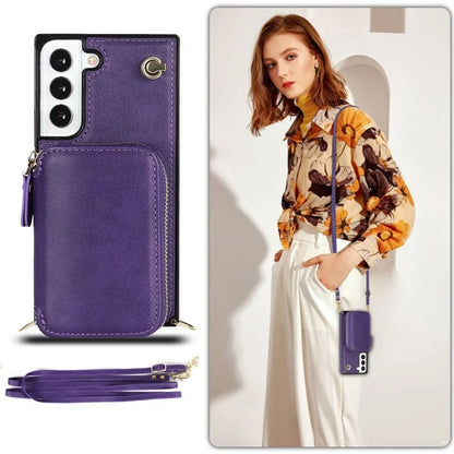 For Samsung Galaxy S23 Cell Phone Case TPU+PU Wallet Kickstand Cover with Long Strap