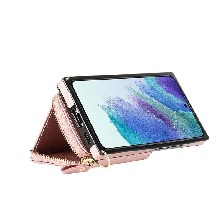 For Samsung Galaxy S23 Cell Phone Case TPU+PU Wallet Kickstand Cover with Long Strap