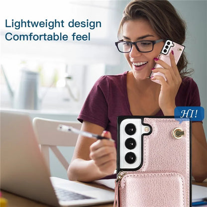 For Samsung Galaxy S23 Cell Phone Case TPU+PU Wallet Kickstand Cover with Long Strap