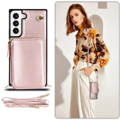 For Samsung Galaxy S23 Cell Phone Case TPU+PU Wallet Kickstand Cover with Long Strap