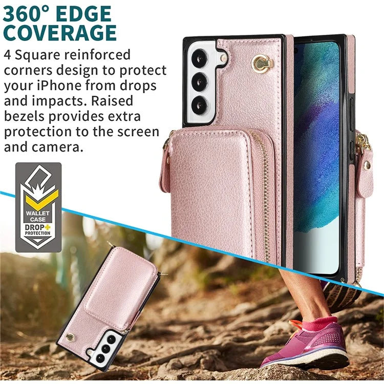 For Samsung Galaxy S23 Cell Phone Case TPU+PU Wallet Kickstand Cover with Long Strap
