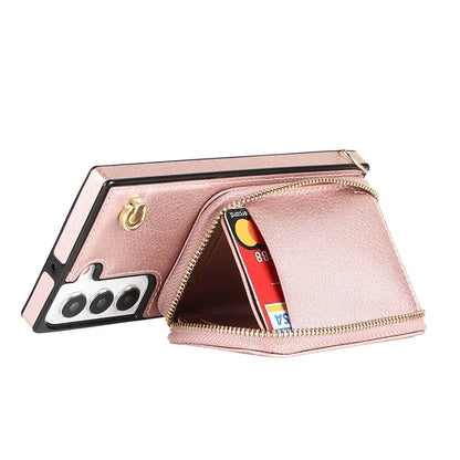 For Samsung Galaxy S22 5G Cell Phone Case Anti-drop TPU+PU Wallet Cover with Long Strap